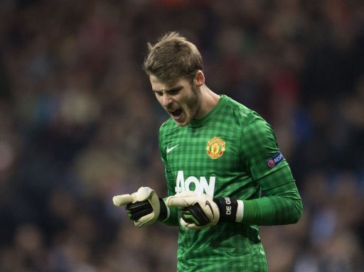 Manchester United's Spanish goalkeeper David de Gea reacts at the end of the UEFA Champions League round of 16 first leg football match Real Madrid CF vs Manchester United FC at the Santiago Bernabeu stadium in Madrid on February 13, 2013. The match ended in a 1-1 draw.