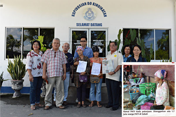 (From left) Martina, Francis, David, Rosina (holding a copy of the police report), Wilfred, Margaret (holding another copy of the police report), Aloysius (holding a page from Uba Sabah January 2013 issue containing the derogatory article entitled "Cahaya Baru Untuk Siapa?"), Rose and Rosaria after making a police report at Penampang police station on March 18. (Inset is a photo of Margaret selling tobacco in Donggongon town and labeled as PATI)  