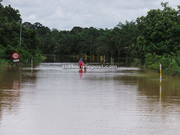 The flooded road in Kampung Patrikan near the border with Sabah. 