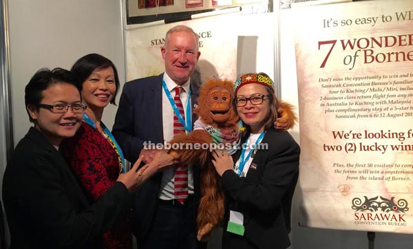 (From left) SCB business development manager Anedia Kahar, SCB Australian representative Dr Caroline Hong, AuSAE president Nick Hill, Brooke the Orang Utan, and Global Marketing and Communications director Amelia Roziman at SCB’s booth during the AuSAE Conference & Exhibition.