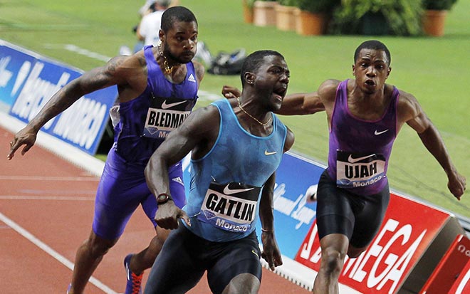 Justin Gatlin celebrates as he wins the men’s 100m in Monaco. — AFP photo