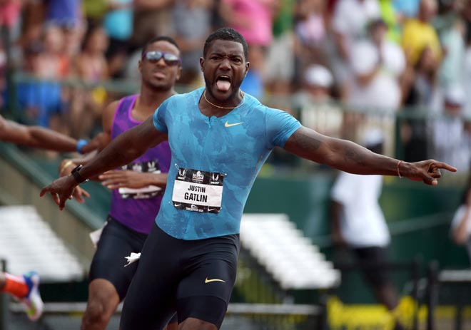 Justin Gatlin celebrates after winning the men’s 200m final in a meet record of 19.57sec during the 2015 USA Championships in Hayward Field, in this June 28 file photo. — USA TODAY Sports/ Reuters photo