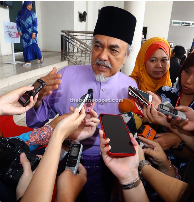 Asfia speaking to reporters after attending the state-level Ministry of Women, Family and Community Development’s Hari Raya Aidilfitri celebration in Kuching  yesterday. — Photo by Muhammad Rais Sanusi