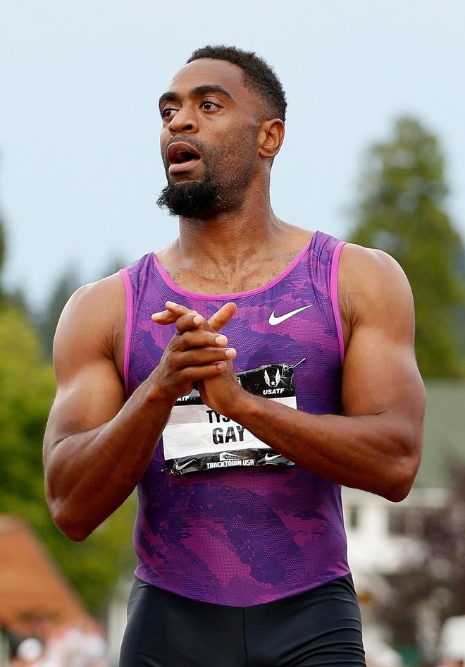 Tyson Gay reacts after winning the men’s 100m final during the 2015 USA Outdoor Track & Field Championships at Hayward Field in Eugene, Oregon in this June 26 file photo. — AFP photo