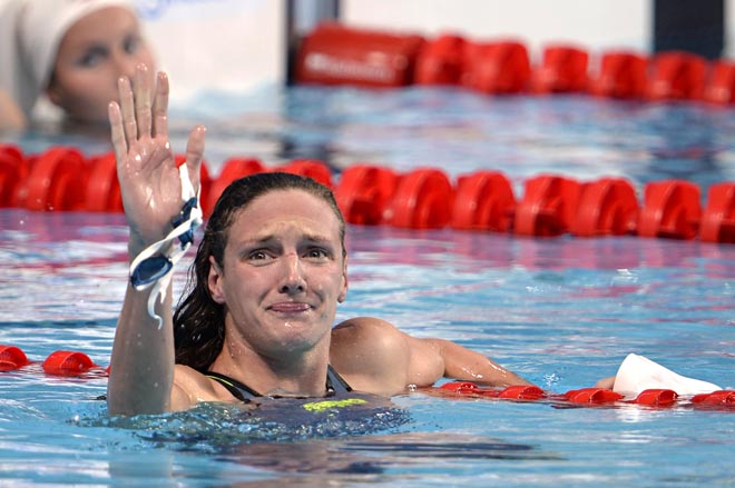 Hungary’s Katinka Hosszu celebrates her victory at the end of the final of the women’s 200m individual medley swimming event at the 2015 FINA World Championships in Kazan. — AFP photo