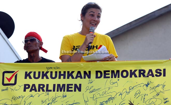 Shepherd giving her speech at the Kuching Bersih 4 rally at Song Kheng Hai rugby field on Saturday. — Photo by Muhammad Rais Sanusi