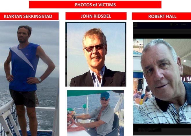 Undated file photos of abducted foreigners Kjartan Sekkingstad (left), a Norwegian national, John Ridsdel (centre photos) of Canada and his compatriot Robert Hall are seen in this handout photo released to Reuters by the Armed Forces of the Philippines in Manila. — Reuters photo