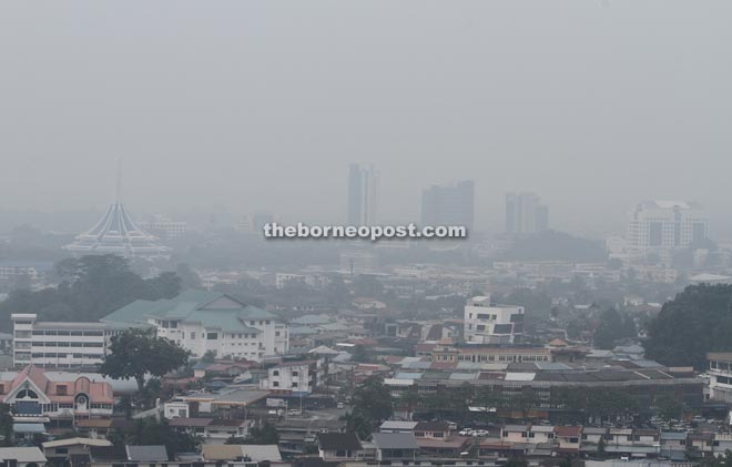 A picture of Kuching city taken at 3pm yesterday from the 17th floor of Bangunan Sultan Iskandar showing the extent of the transboundary haze. — Photo by Chimon Upon