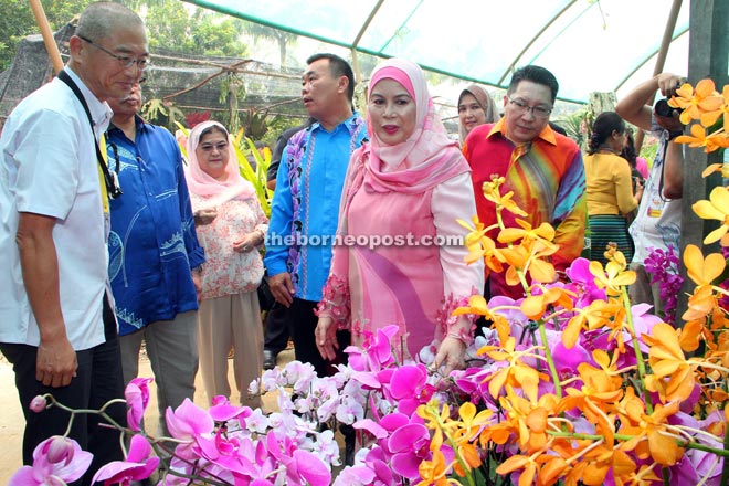 Jamilah (second right) and others including DBKU board member Dato Wee Hong Seng (right), look at the orchids at the park.