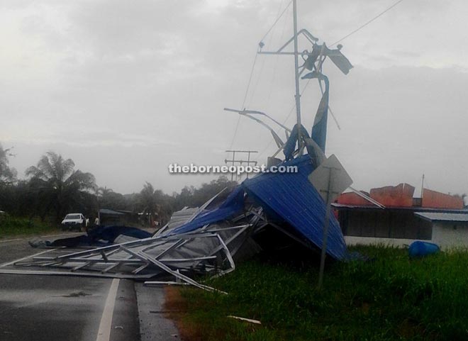 The roof of a village hall which was blown off at Kampung Simpang Empat, Sook.