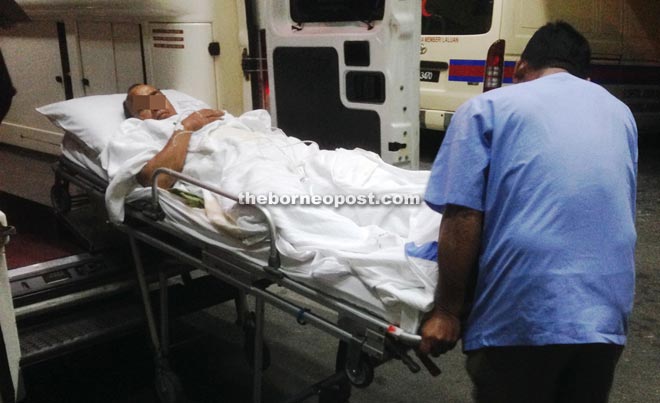 The villager arrives at the Sarawak General Hospital for treatment following the accidental shooting.