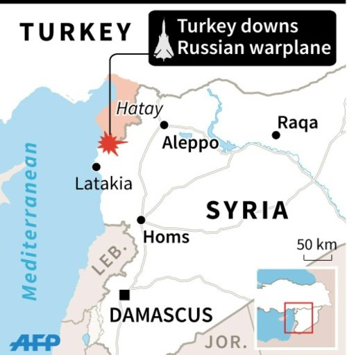 © AFP / by Anna Smolchenko | Map of Syria and southern Turkey locating downng of Russian warplane in border region (45 x 46 mm) 