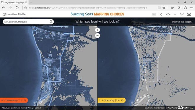 The image on the left of each photo is the projection of sea level rise by 2100, following a four-degree Celsius of warming from carbon pollution in the coming decades. The images on the right show the projection if temperature rise is managed to be kept on track on the two-degree Celsius target. The images from top left (clockwise) show the map of Kuching, Sibu, Bintulu and Miri as depicted by Climate Central on Mapping Choices website.