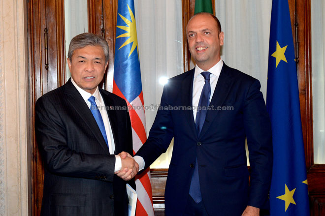 Alfano (right) welcomes Zahid to Rome during his working visit. — Bernama photo