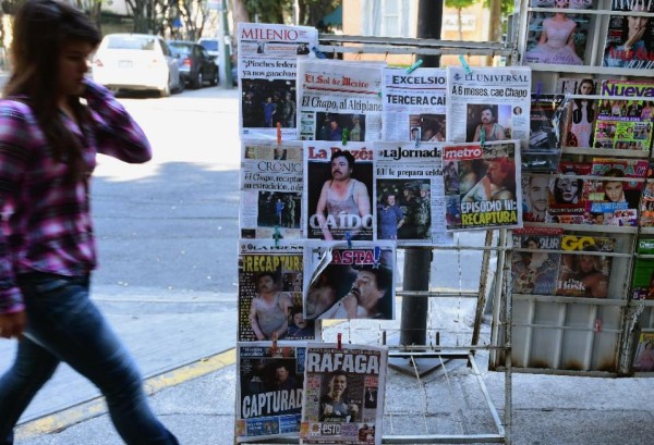 Newspapers in Mexico City show pictures of drug kingpin Joaquin "El Chapo" Guzman on their frontpages on January 9, 2016 a day after he was recaptured.-AFP Photo. 