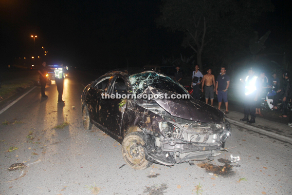 The badly-wrecked car following the crash.