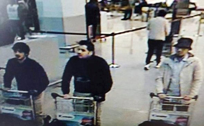 This CCTV image from the Brussels Airport surveillance cameras made available by Belgian Police, shows what officials believe may be suspects in the Brussels airport attack. The Belgian state prosecutor said in a press conference on Tuesday, that a photograph of three male suspects was taken at Zaventem.  — Reuters photo