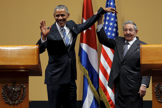 Obama (left) and Castro gesture after a news conference as part of Obama’s three-day visit to Cuba, in Havana. — Reuters photo