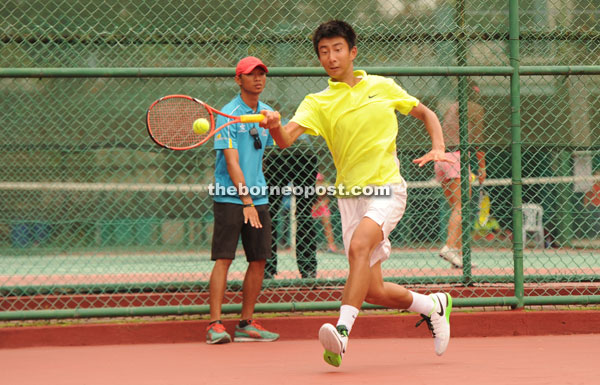 Lyu Chengtze (pic) of China upstages third seed from Great Britain Lexis Canter 3-6, 6-2, 6-3 in the boys’ singles third round at the 27th Sarawak Chief Minister’s Cup (I) ITF Junior Tennis Championship (Grade 1) at SLTA tennis centre yesterday.