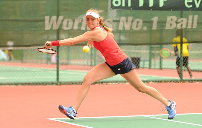 Top seed Charlotte Robillard-Millette of Canada making racket preparation for a backhand return yesterday.