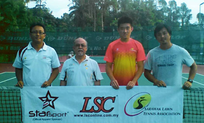 Romania-bound Low with (from right) coach Stevie Din, SLTA chief Liew and Sukma XVIII tennis coordinator and state development programme Deen Hesham Tan Abdullah.