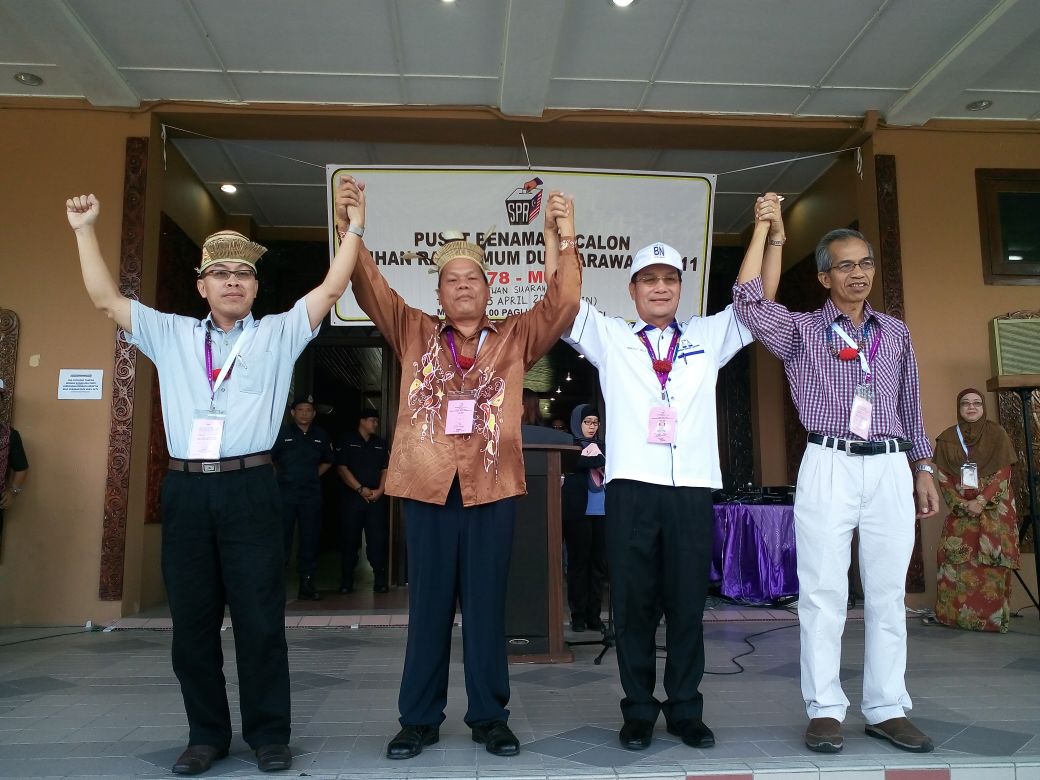 Four Corner fight in Mulu between three Kelabits candidates and one Kayan- From left DAP Paul Raja, PKR Paul Baya, BN Datuk Gerawat Gala and Independent Dr. Roland Dom Mattu