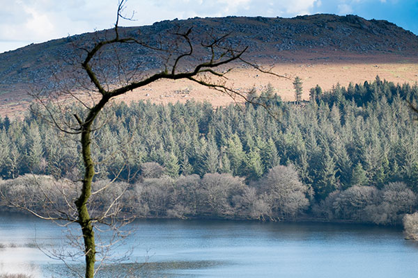 The Burrator reservoir is seen with the granite tor behind it.