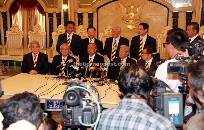 Adenan (centre, seated) announcing the dissolution of State Legislative Assembly at a packed press conference in his office yesterday.