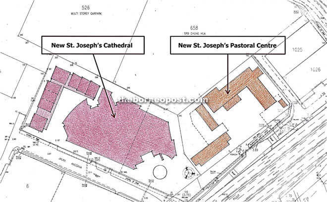 An outline plan of the proposed Wisma St Joseph and the cathedral.