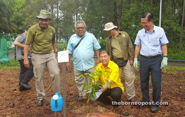 Ting (squatting) planting a tree as other VIPs look on.  