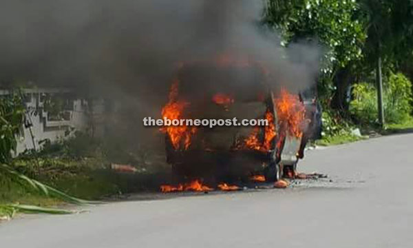 Photo shows the van on fire.