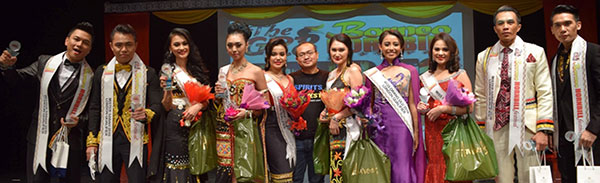 Top 10, London Qualifiers of Borneo Hornbill Festival (from left): Top 2 Mr Sabah Gideon Hilarius and Geo Allen George, Top 2 Miss Kadazandusun Shirley Anthony & Kimberly Vung, Miss Bidayuh Cynthia Arthur, pageant director Agustus Sapen, Miss Sabah Open Yvonne Andiu, Miss Orang Ulu Kirolina Kisun, Miss Iban Princess Alma Ridi, Top 2 Mr Sarawak Joshua Lennet and Octavian Pagag.