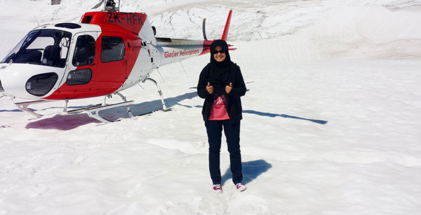 Aliya is seen before taking a helicopter ride to view the glacier from above. 