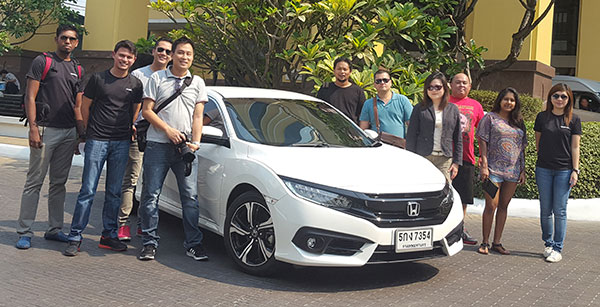 Journalists and Honda Malaysia staff with the 2016 Honda Civic 1.5 litre VTEC model before the test drive to Ko Kha  in Thailand.