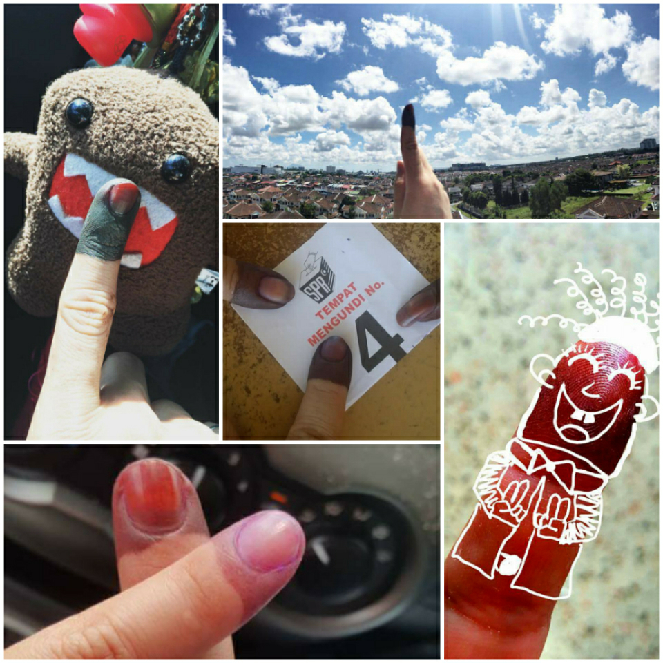 A collage photos of voters posting their inked fingers on social media after exercising their rights today.