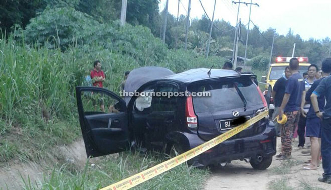 The Perodua Myvi car at the scene of the accident at Km 38, Keningau-Sook road on Tuesday.
