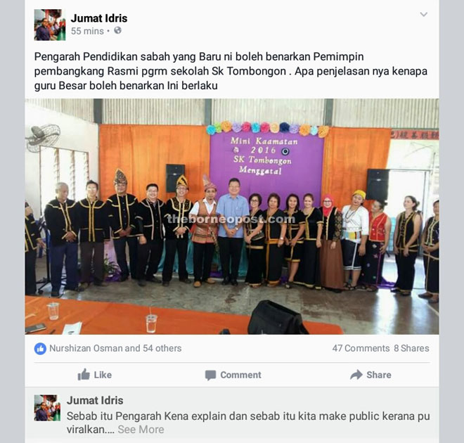 The posting in Jumat's Facebook account showing a picture of Dr Roland at the event with members of the PTA. 