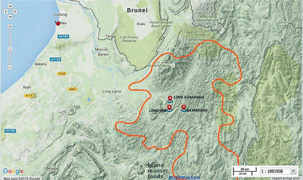 A map of Penan villages in Miri Division.