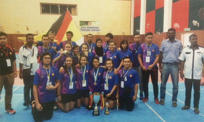 The victorious Sarawak team celebrating after the prize presentation, with team manager Ramachandran (at right). — Photo courtesy of Sarawak Kabaddi Association