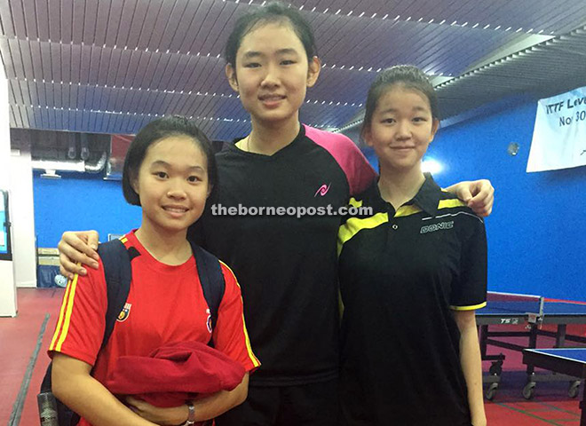 Crystal Tiong (left), Alice Chang (centre) and Catherine Chan are among the five Sarawakians selected to represent Malaysia in the SEA Junior and Cadet Table Tennis Championship in Cambodia next month.