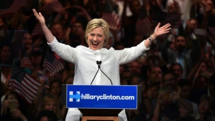 Hillary Clinton celebrates having earned enough delegates to secure the Democratic nomination for president; Brooklyn, New York, June 7, 2016. Photo by AFP