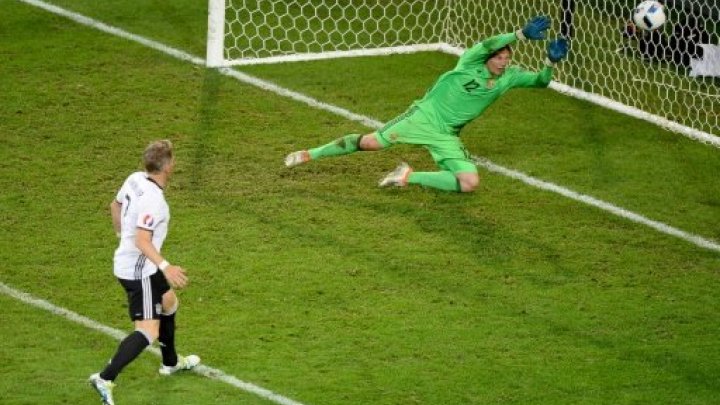 Germany's midfielder Bastian Schweinsteiger scores a goal during the Euro 2016 group C football match between Germany and Ukraine at the Stade Pierre Mauroy in Villeneuve-d'Ascq near Lille on June 12, 2016