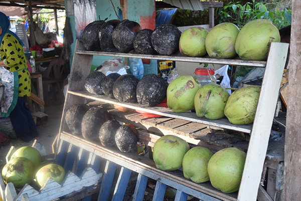 Kelapa Bakar with charred husks (left) displayed on a vending shelf with fresh young coconuts.