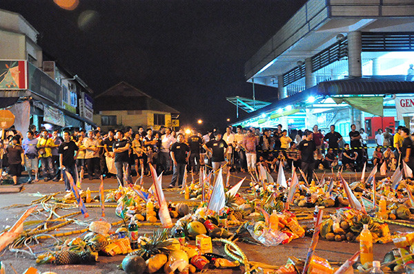 Elaborate offerings laid out to mark the Festival of the Hungry Ghosts.