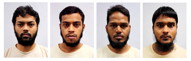 A combination photos shows undated mugshots of four Bangladeshi nationals who were sentenced in a Singapore court. (From left) Rahman Mizanur, Miah Rubel, Md Jabath Kysar Haje Norul Islam Sowdagar, and Sohel Hawlader Ismail Hawlader. — Reuters photo