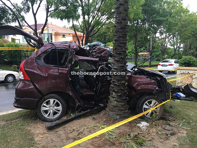 The wrecked Toyota Avanza at at KM3.5, Jalan Tun Mustapha. Police said 13 road deaths have been reported in Labuan this year.