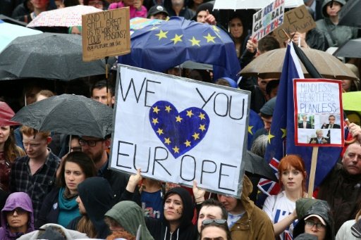 Thousands gathered in London's Trafalgar Square earlier this week, defying pouring rain to vent their anger at the result of the June 23 referendum on leaving the EU. Photo by AFP