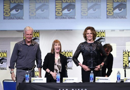 (From left) Director James Cameron, producer Gale Anne Hurd, actors Sigourney Weaver and Bill Paxton attend the "Aliens: 30th Anniversary" panel during Comic-Con International 2016. Photo by AFP