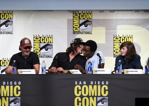 (From left to right) Andrew Lincoln, Norman Reedus, Danai Gurira, and Chandler Riggs attend AMC's "The Walking Dead" panel during Comic-Con International 2016 in San Diego, California. Photo by AFP