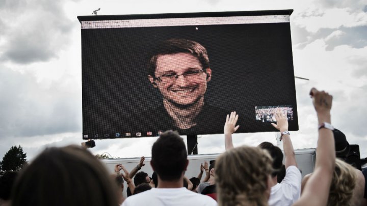 Edward Snowden delivers a speech during the Roskilde Festival in Denmark on June 28, 2016. Photo by AFP